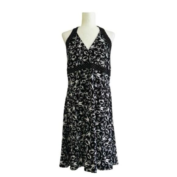 B. Moss Black White Floral Sleeveless Halter Tie Neck Casual Dress Size Large - Picture 1 of 12